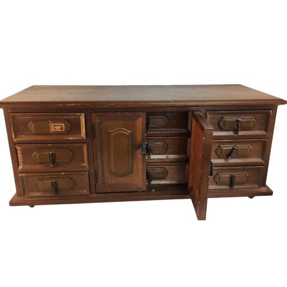 Vintage Wooden Jewelry Box Storage Chest With Drawers & Cabinet 18"L x 7"H - Picture 1 of 16
